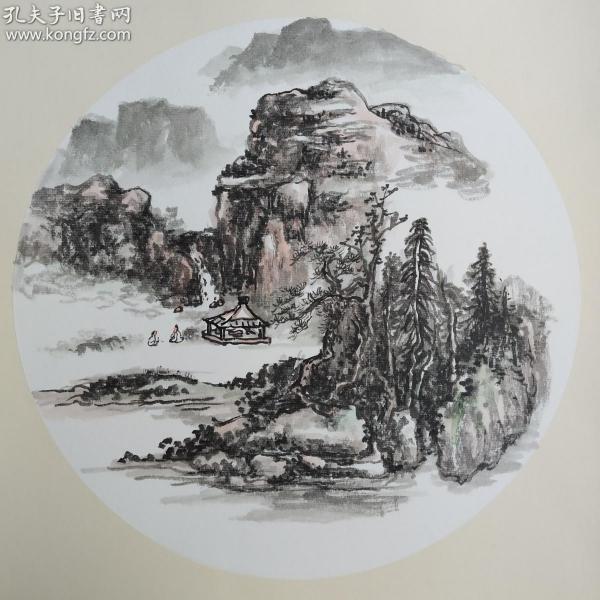 山水圆形卡纸国画纯手绘新作