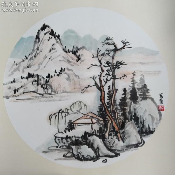 写意国画山水纯手绘圆形卡纸