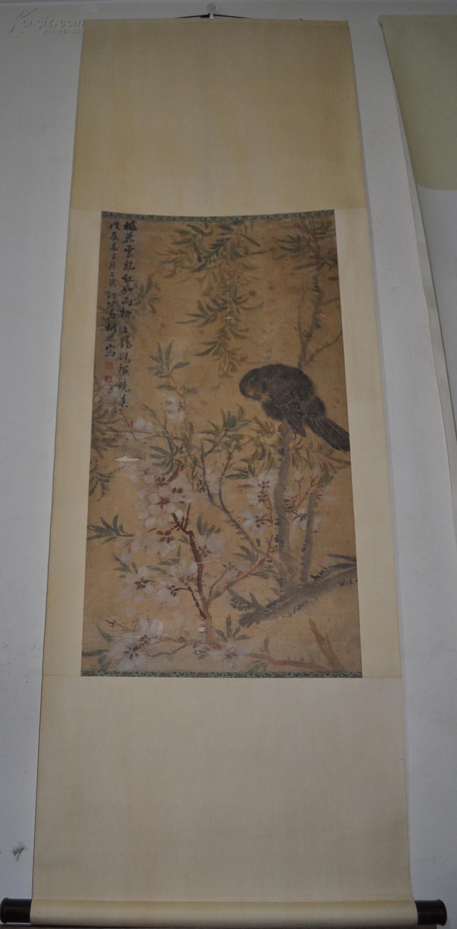 晚清民国著名画家【胡汀鹭】绢本花鸟立轴 真迹 画心90x46cm