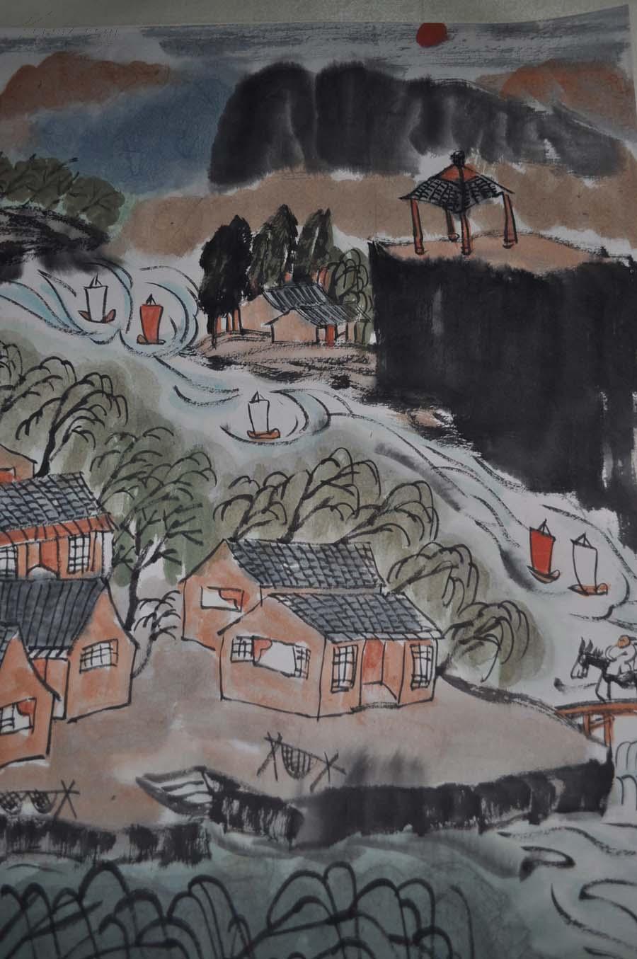 【陈子庄】山水人物 中堂 绫裱镜片 画心 96x58cm