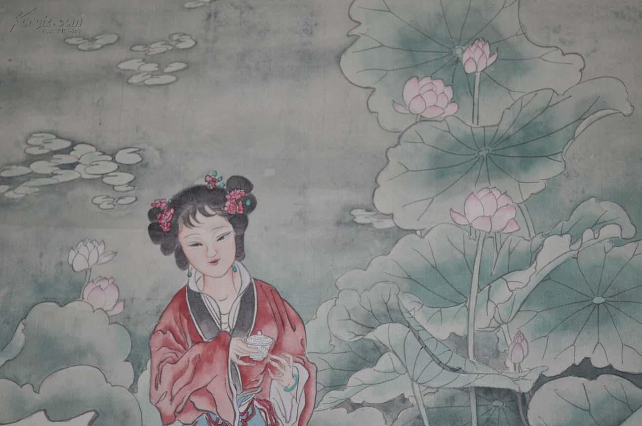 华山川绢本荷花仕女图真迹精裱镜片画心90x40cm
