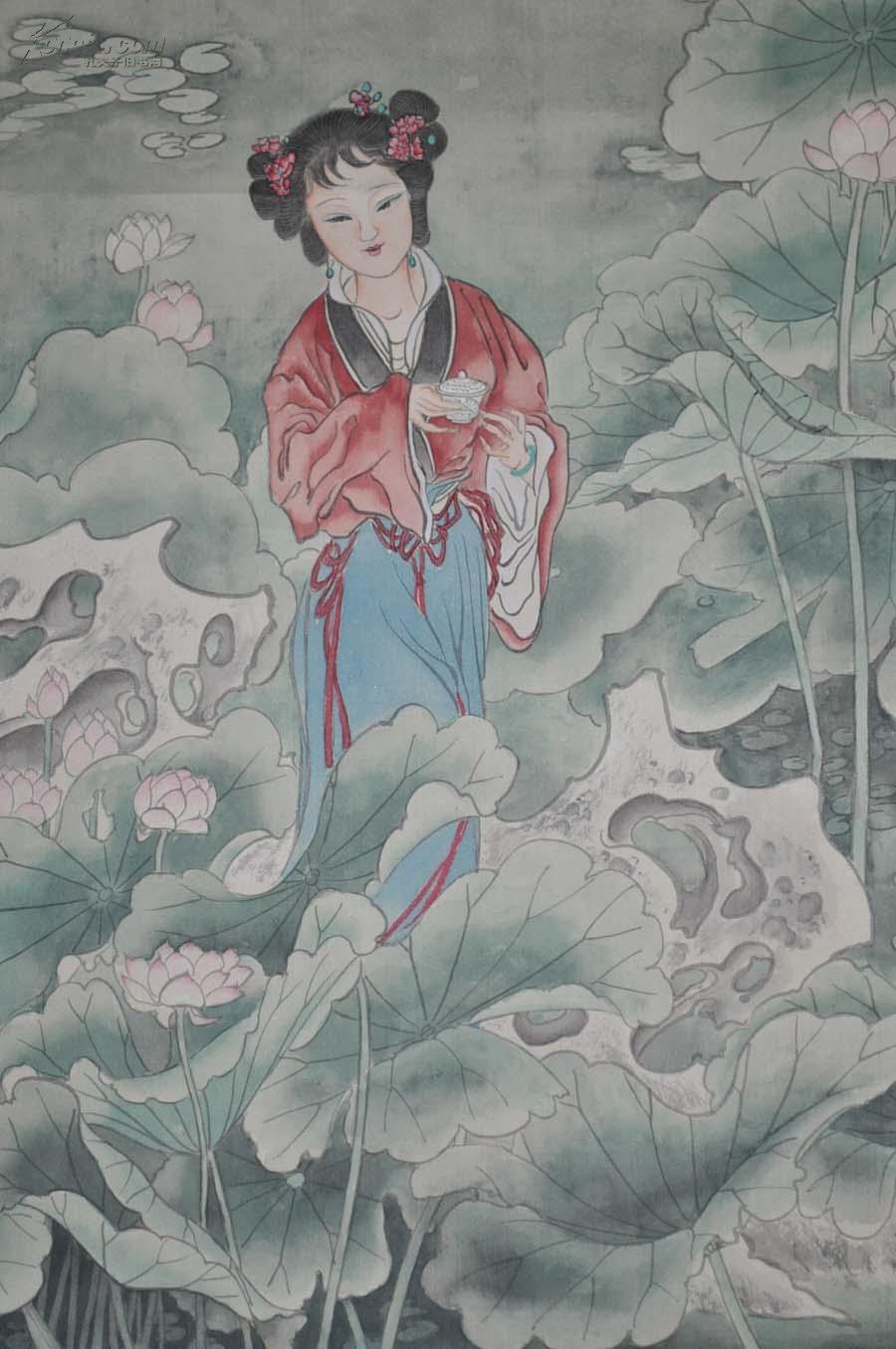 华山川绢本荷花仕女图真迹精裱镜片画心90x40cm