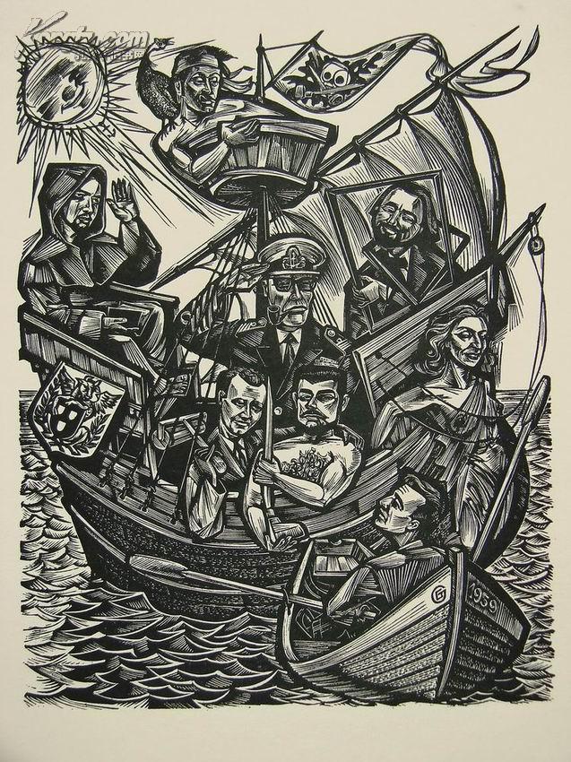 1964年1版《血色驳船社(塞维林,高登等)师生木刻集》—14枚木刻版画与