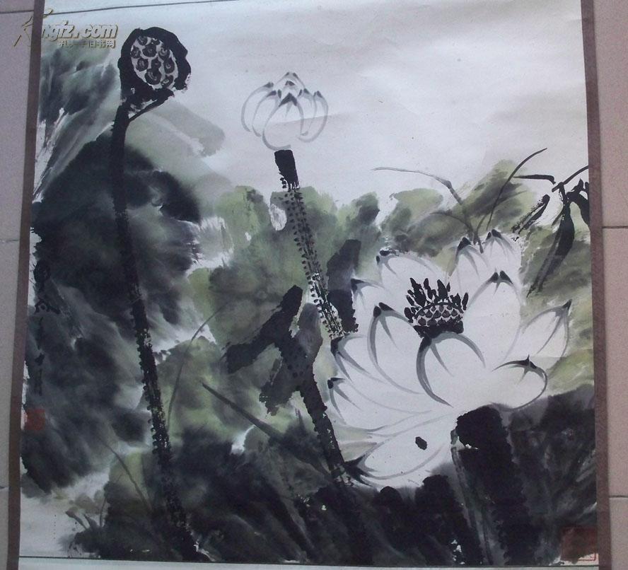 佛门书画家,敦煌画院高级美术师释空慧"荷花"水墨画(绫装裱)