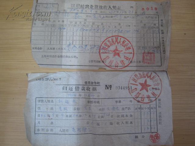 1962年信用社农业放款收入凭证+1964年信用合作社归还借款收据【2张合售】