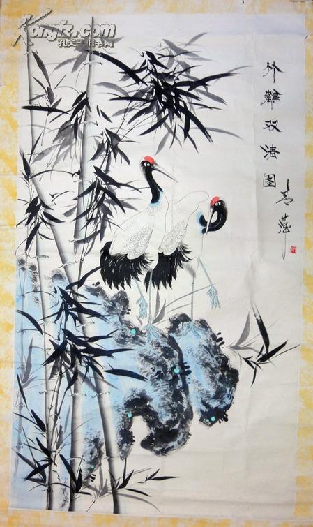 青萍国画-竹鹤双清图