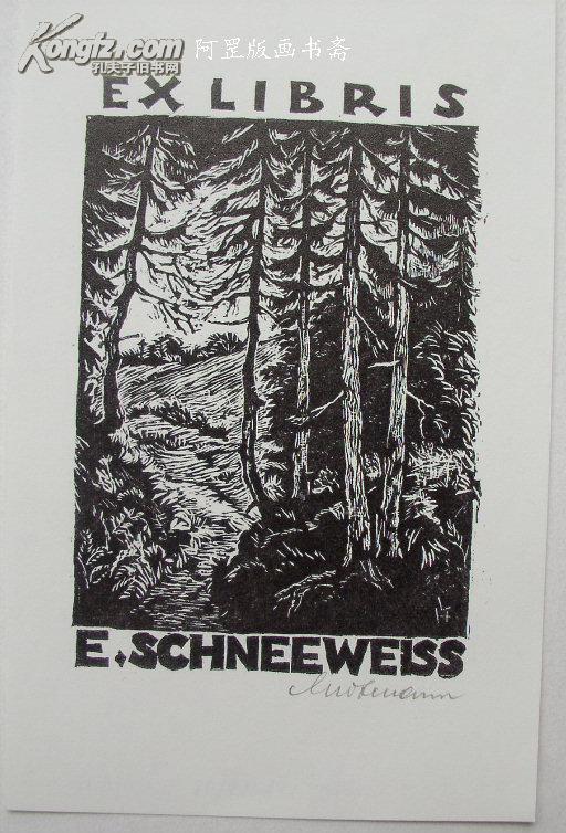 德国木版画藏书票木刻树林风景