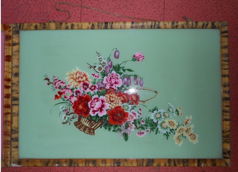 老玻璃画一对【单个63.5*42cm】