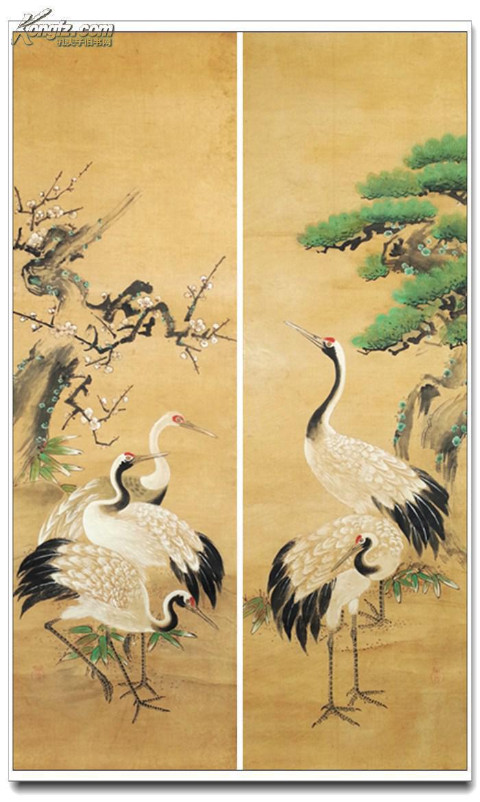 明末清初日本画坛巨匠 狩野常信精笔《松鹤延年》双幅 原装原裱 难得