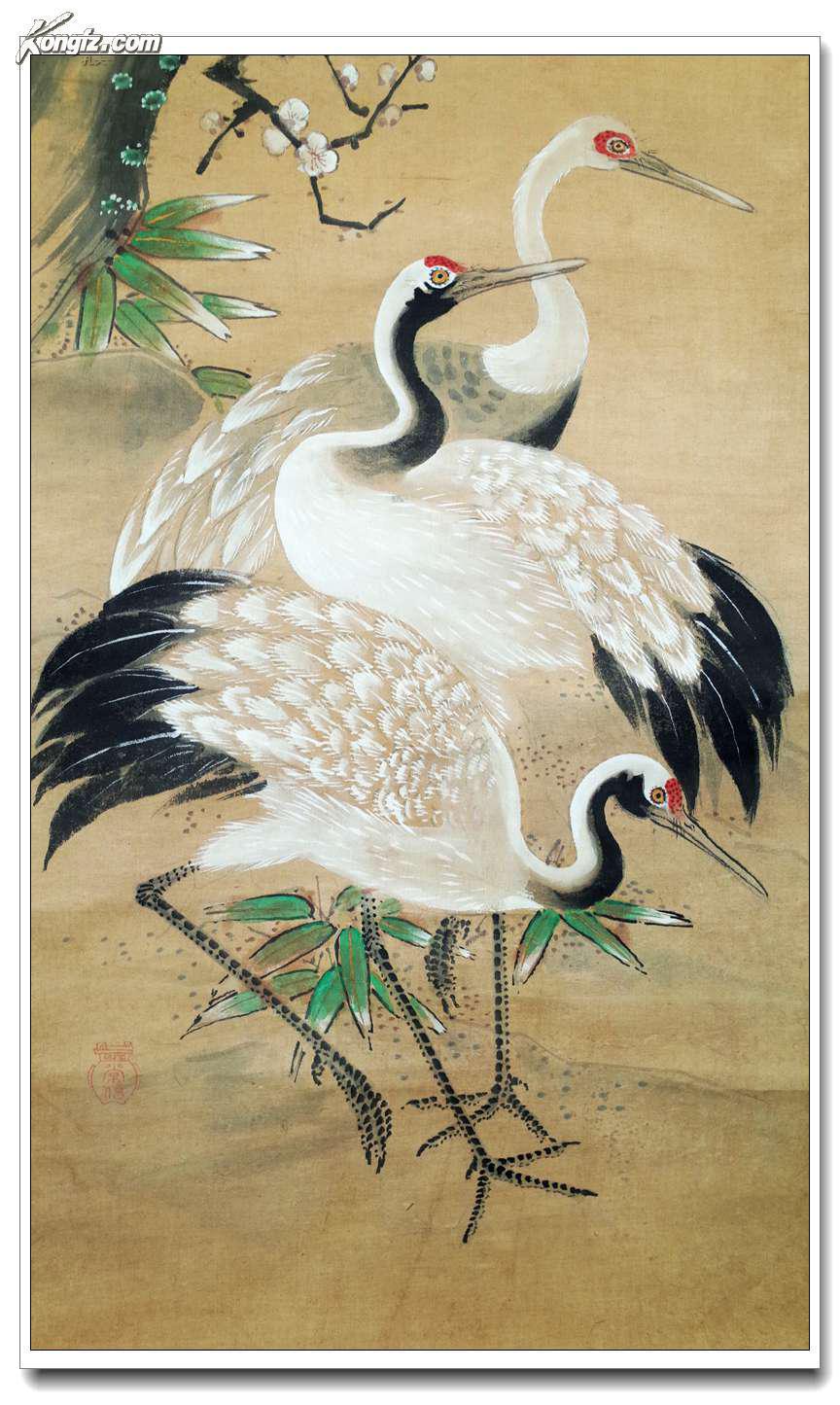 明末清初日本画坛巨匠 狩野常信精笔《松鹤延年》双幅 原装原裱 难得