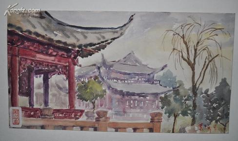 著名画家【萧淑芳1957】水彩亭台楼阁风景