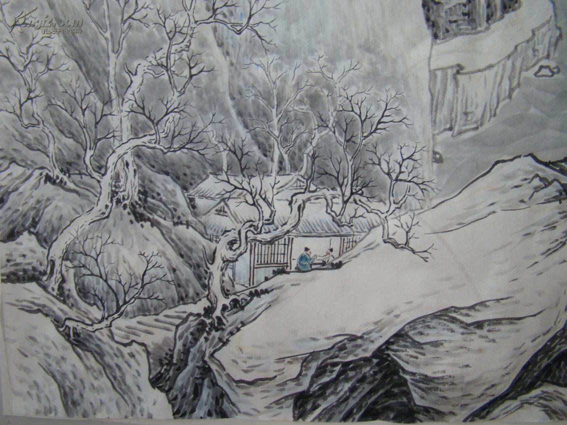 雪山访友图手绘国画真迹周建刚画