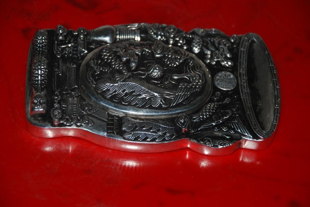 正宗墨宝斋龙凤呈祥图案龙凤戏珠小盖老银制砚台 重1千克