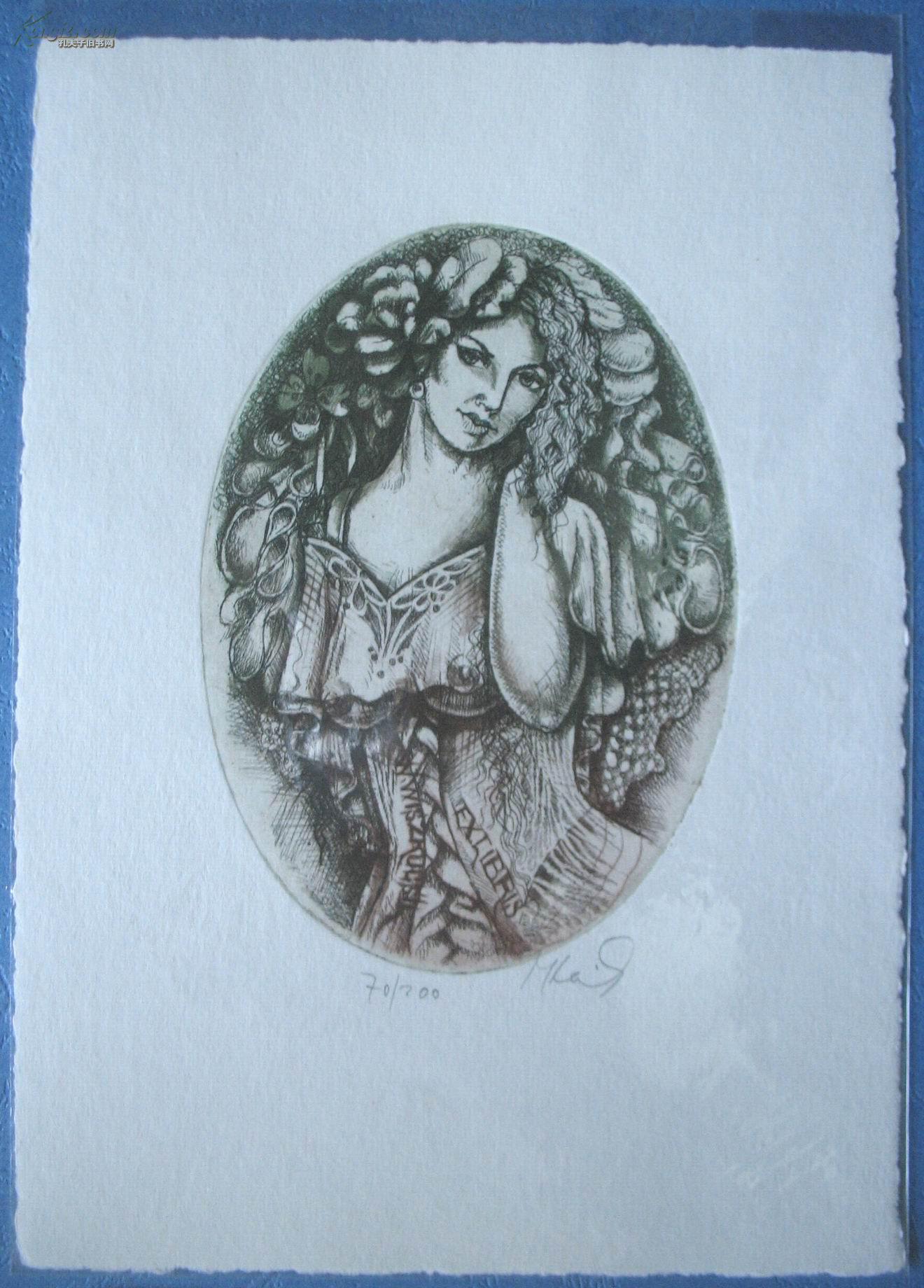 藏书票:《古装女子图案》捷克reneta keiserova(女) 金属板双色套印