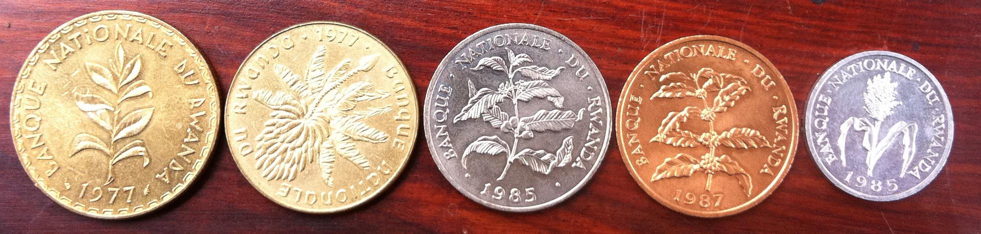 卢旺达 硬币一套5枚全 包括1977年50法郎,20法郎,1985年10法郎,1法郎