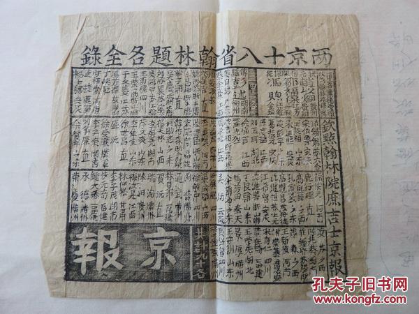 钦点翰林院庶吉士京报.一张全.