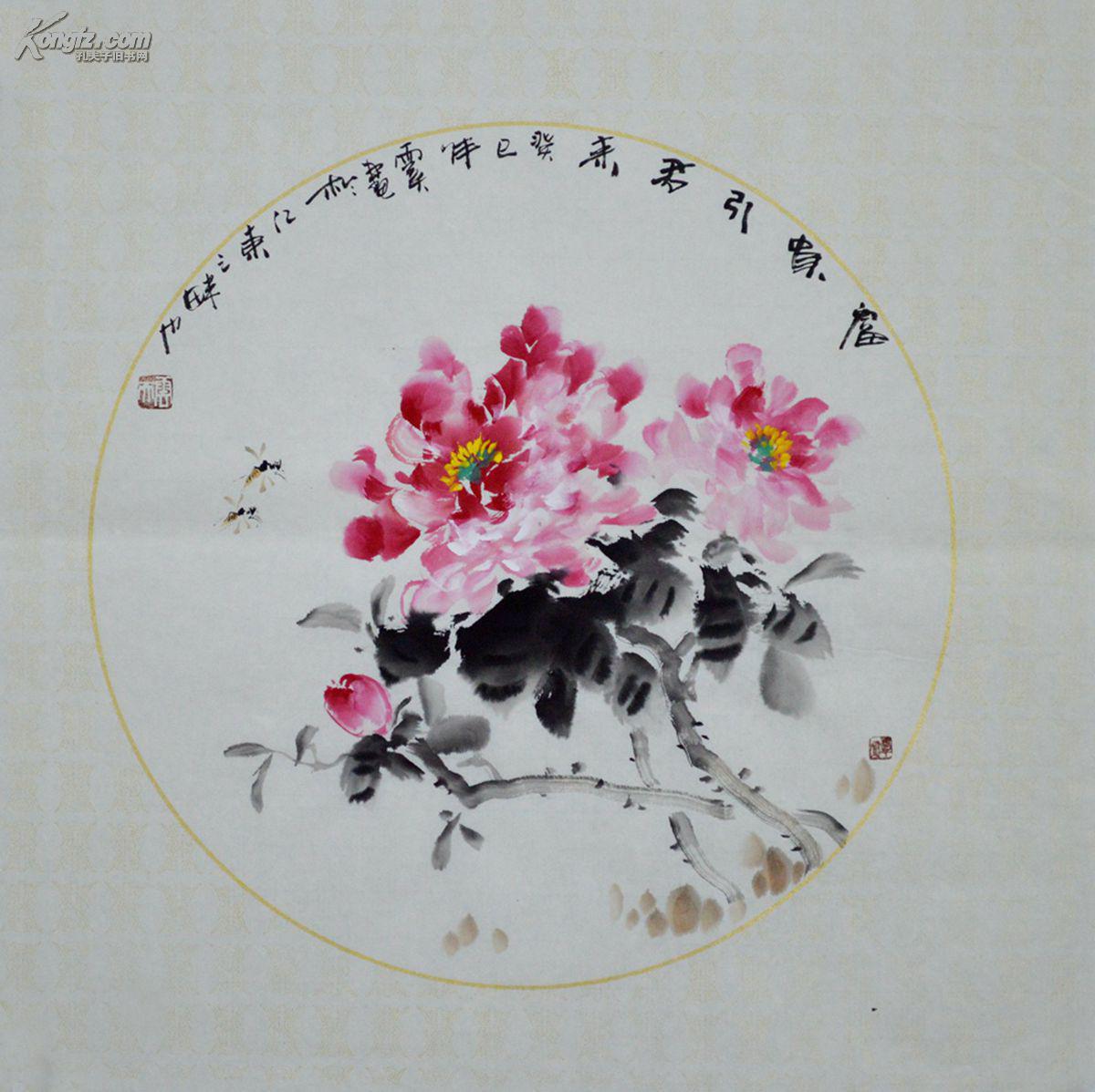 三尺斗方圆心花鸟画牡丹《富贵引君来》hn0319 拍品编号:25491224