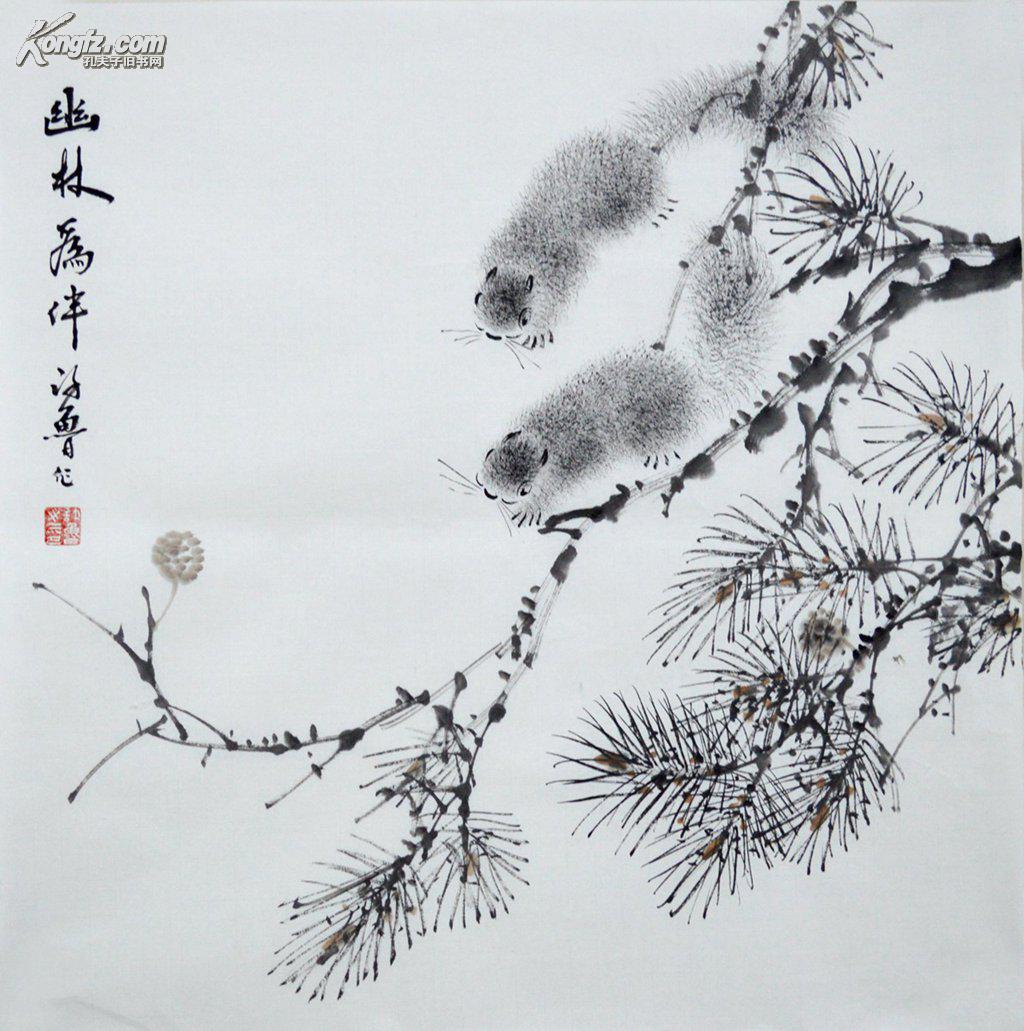 四尺斗方国画松鼠《幽林为伴》hn1388