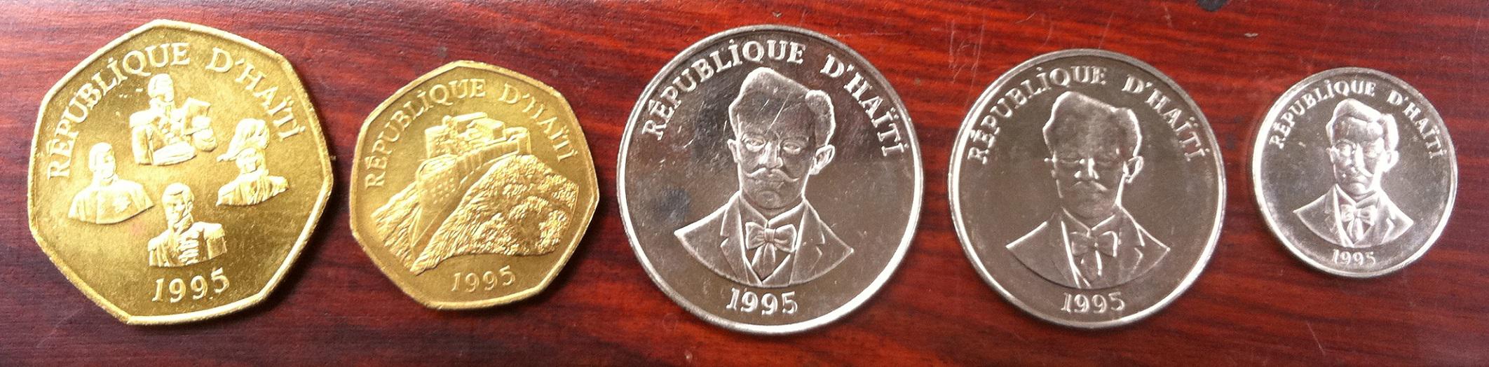 海地共和国 1995年硬币一套5枚,包括5古德,1古德,50分,20分,5分