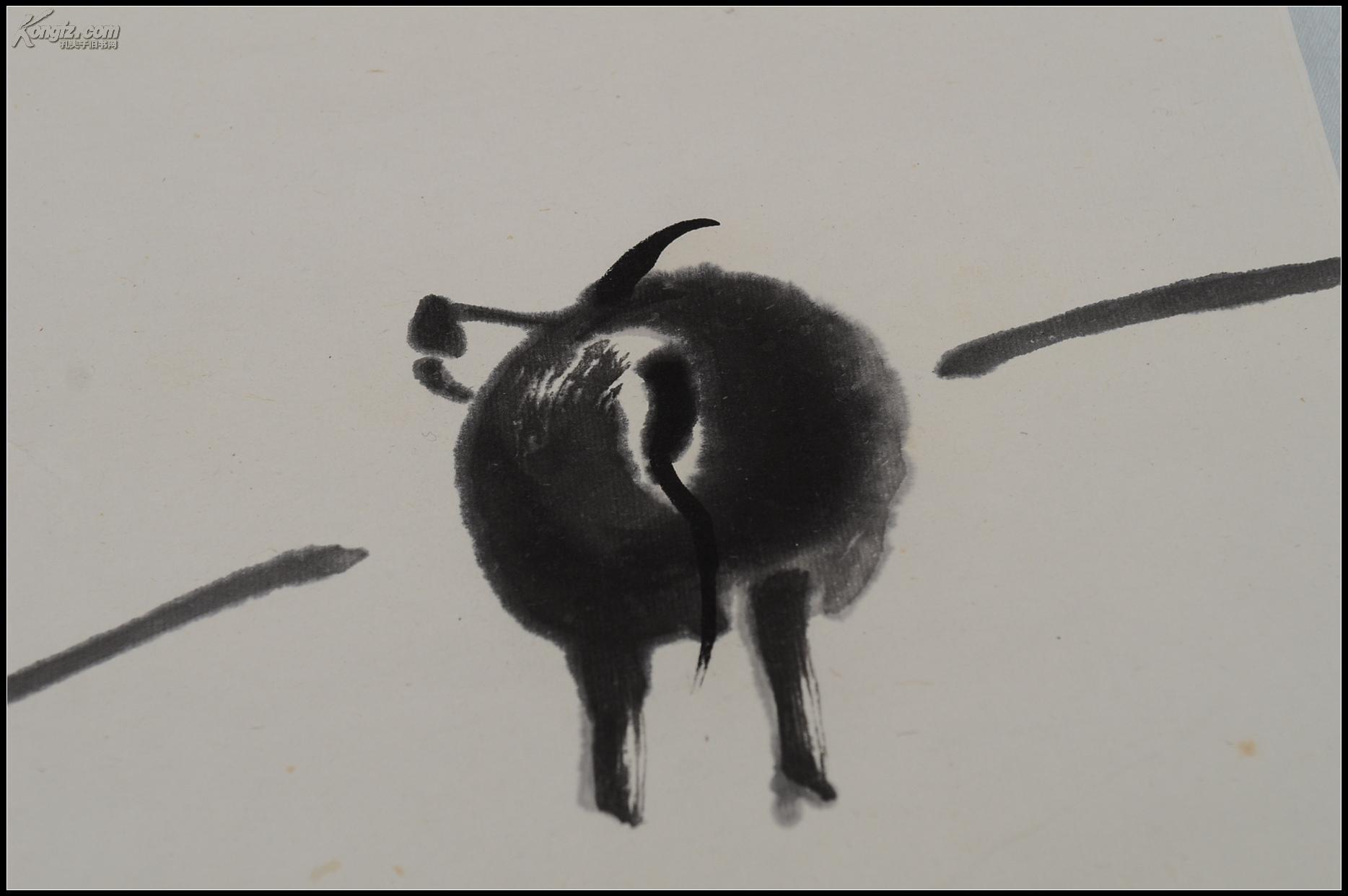 七八十年代荣宝斋原装原裱 齐白石《柳牛》图.极为少见.近全品!