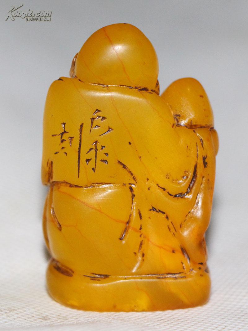 老货 寿山田黄石 童子祝寿 摆件印章 红格明显 灯光冻