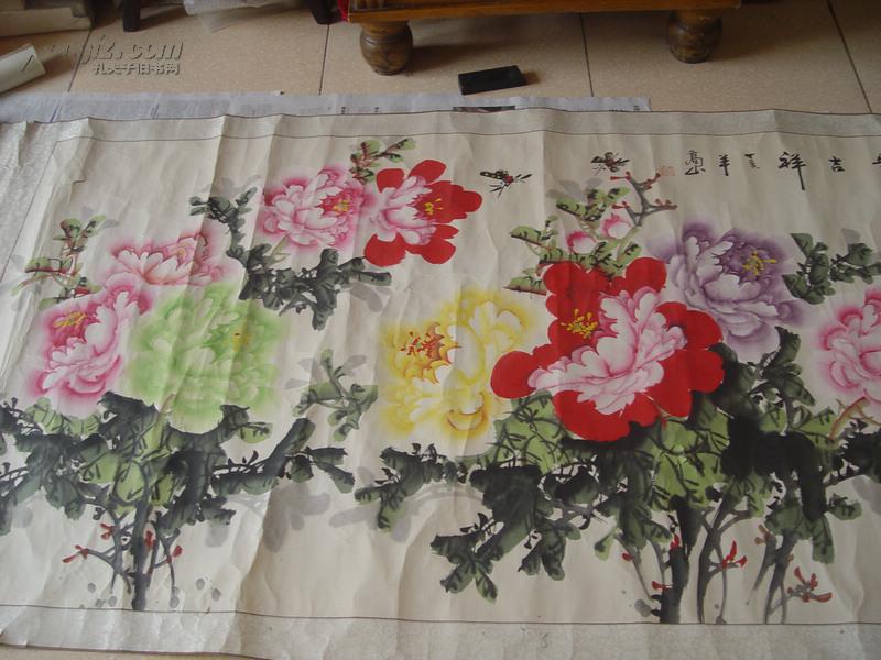 著名画家高山巨幅牡丹图,画芯10平尺,保真