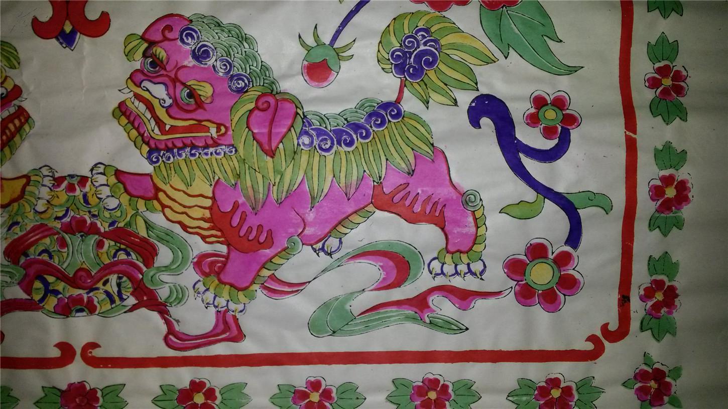 孔网首现*七十年代木版年画版画*狮子滚绣球*78*78cm*送礼佳品