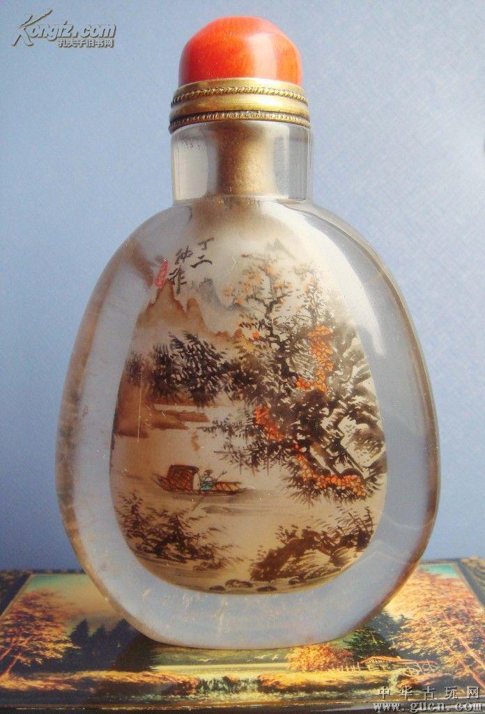 清代水晶鼻烟壶 清晚期内画四大家丁二仲作品 珍稀.