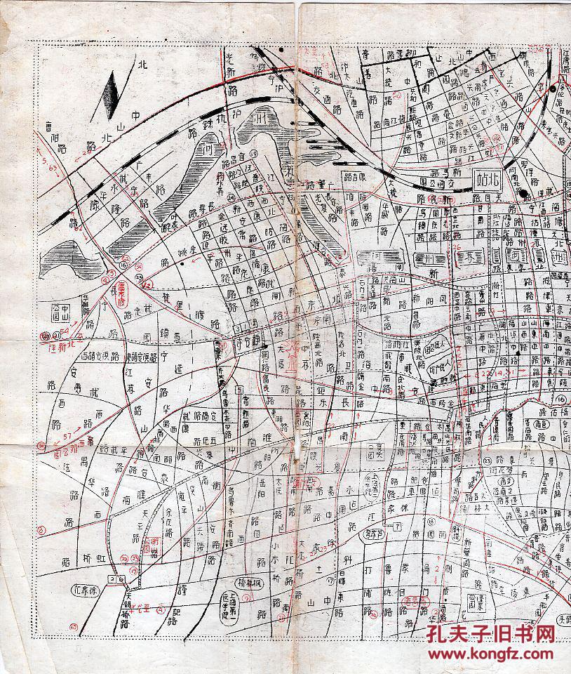 1950-1960年代套色油印:《最新简明路线上海地图》【带有轨电车,无轨