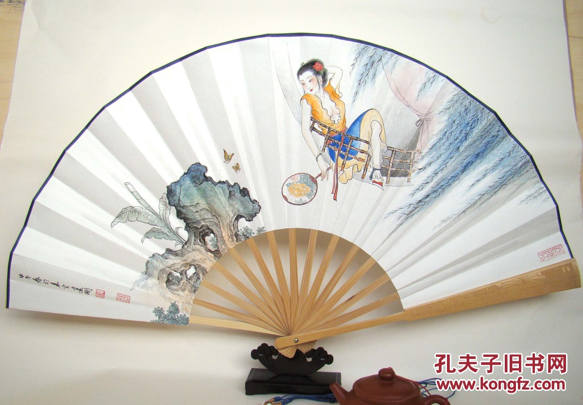 乘凉美人图成扇纯手绘国画真迹周建刚作 拍品编号:14062478