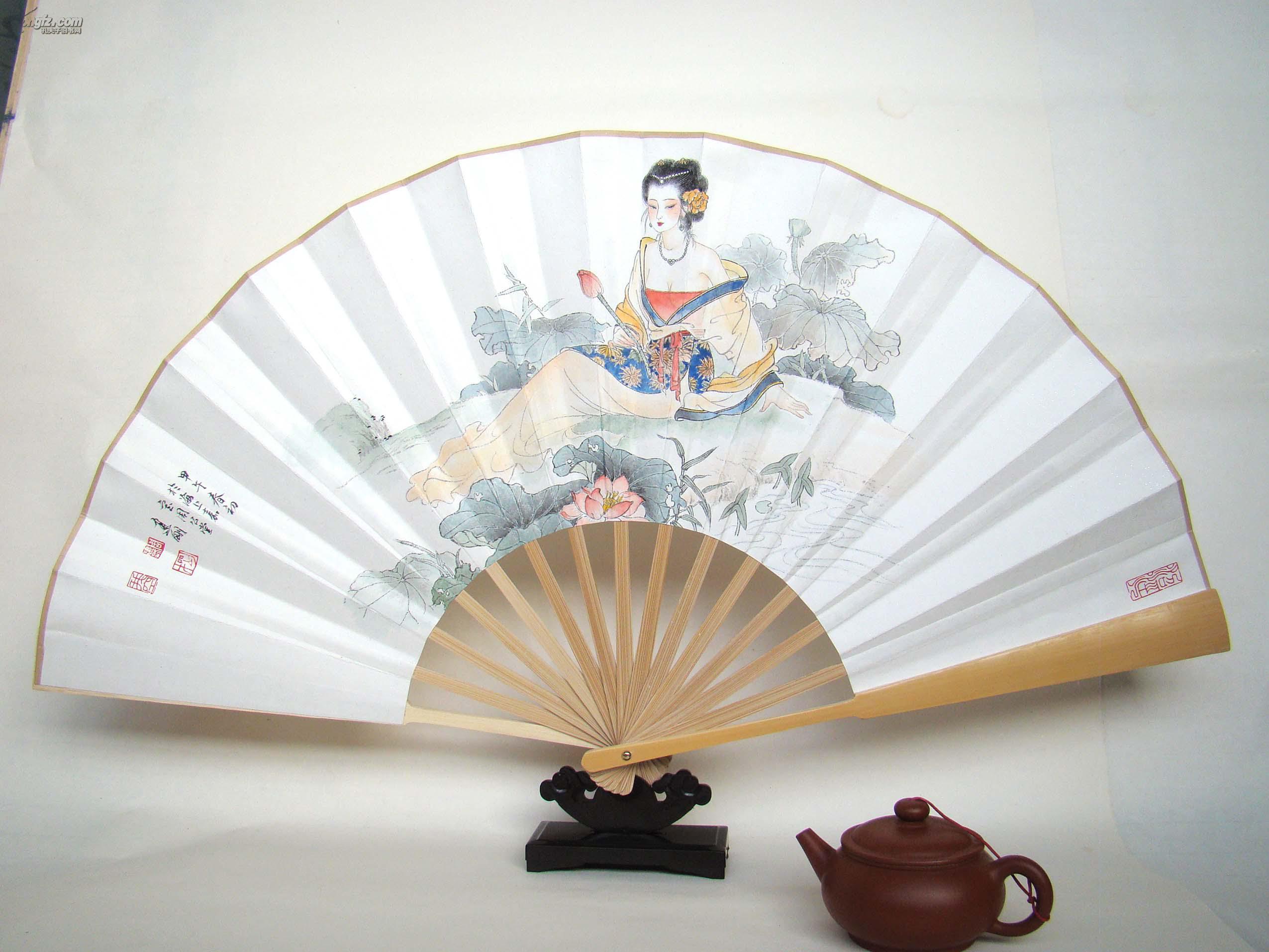 成扇面仕女美人何仙图国画真迹周建刚作