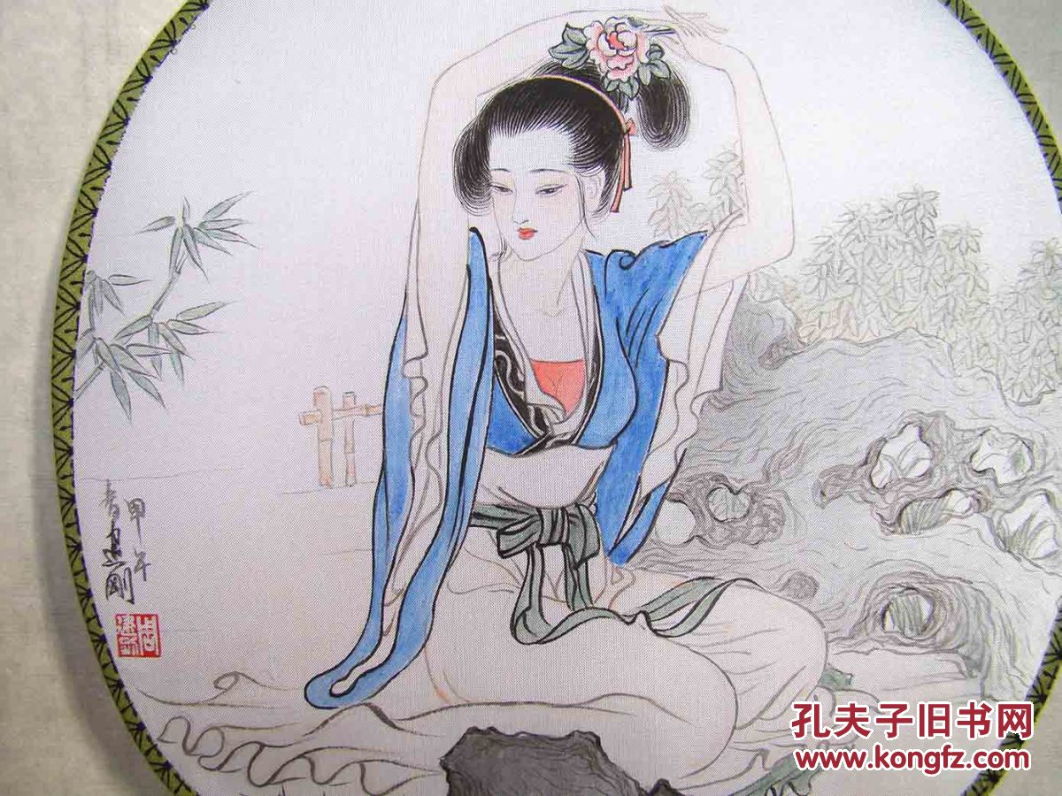 团扇摘花仕女图水墨手绘真迹周建刚作