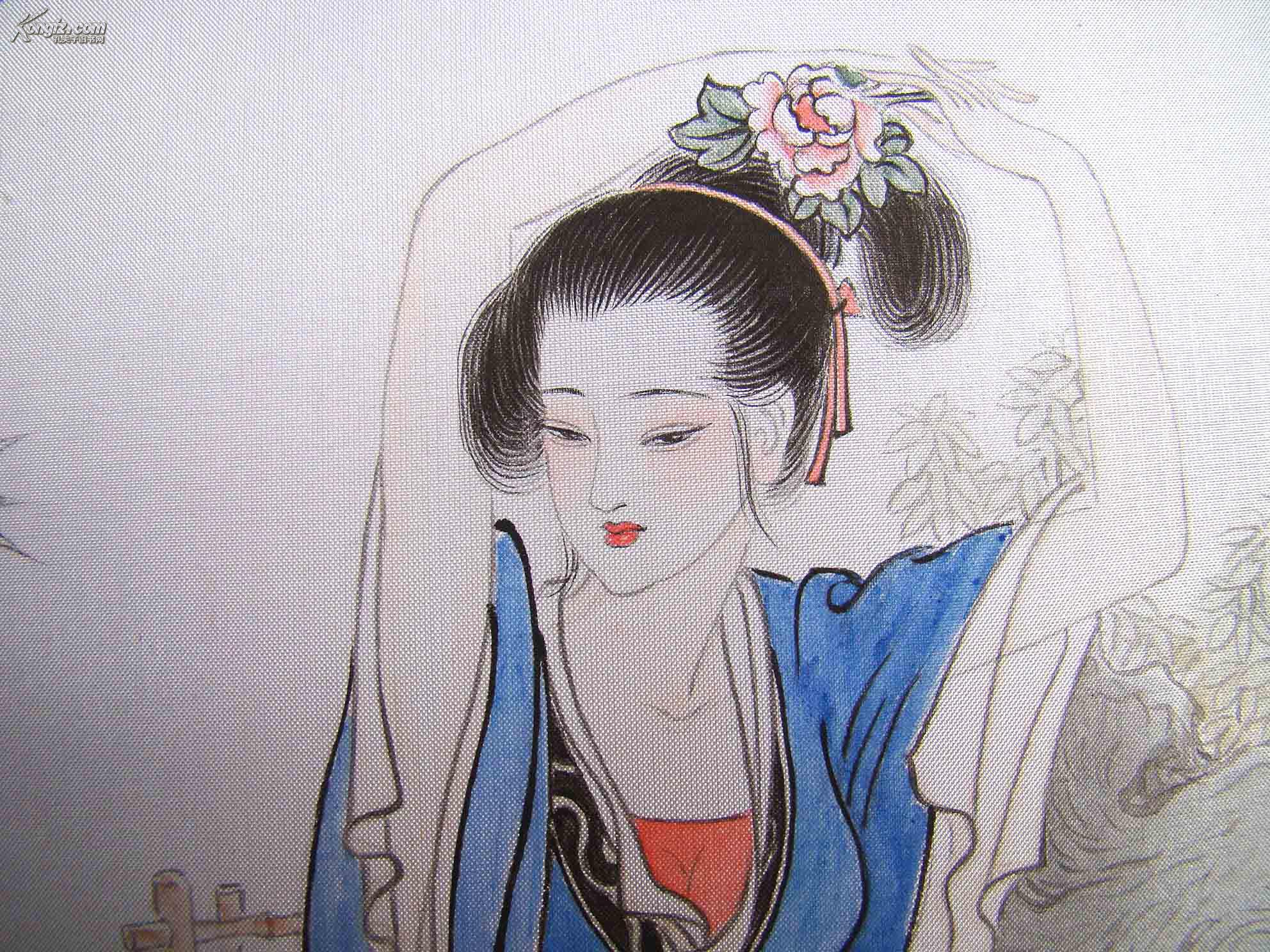 团扇摘花仕女图水墨手绘真迹周建刚作