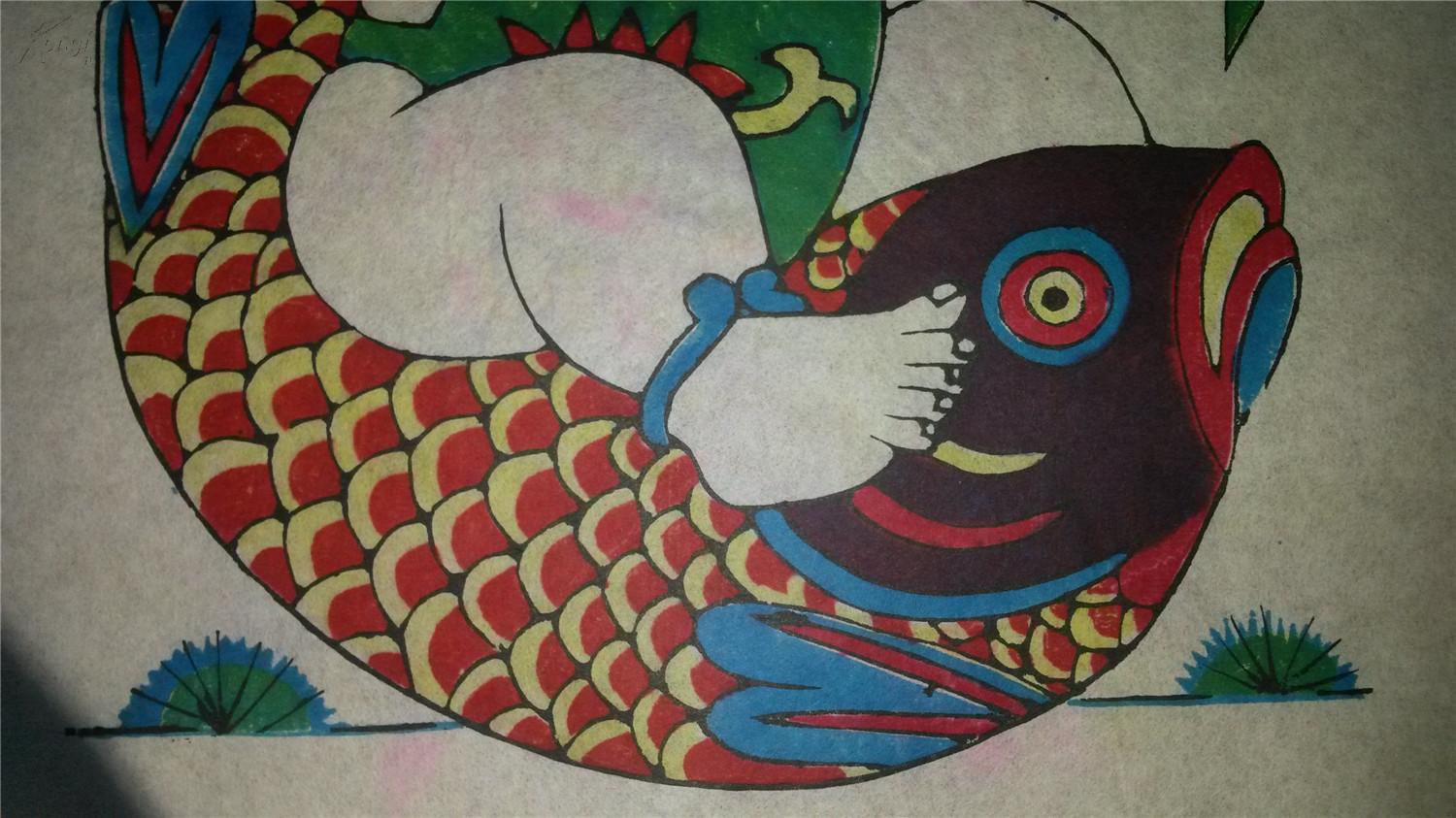 画店拆迁清仓*老版80年代印木刻木版年画版画*荷花童子,富贵有余一对