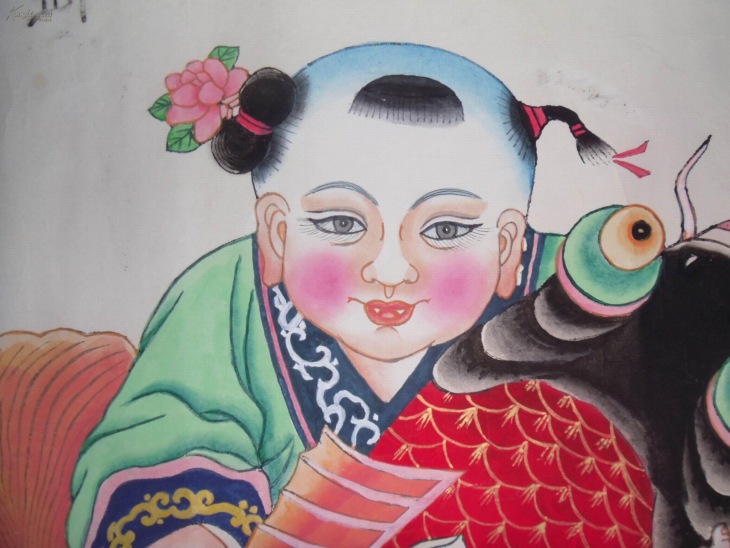 手工上色年画:《年年有余》镜心