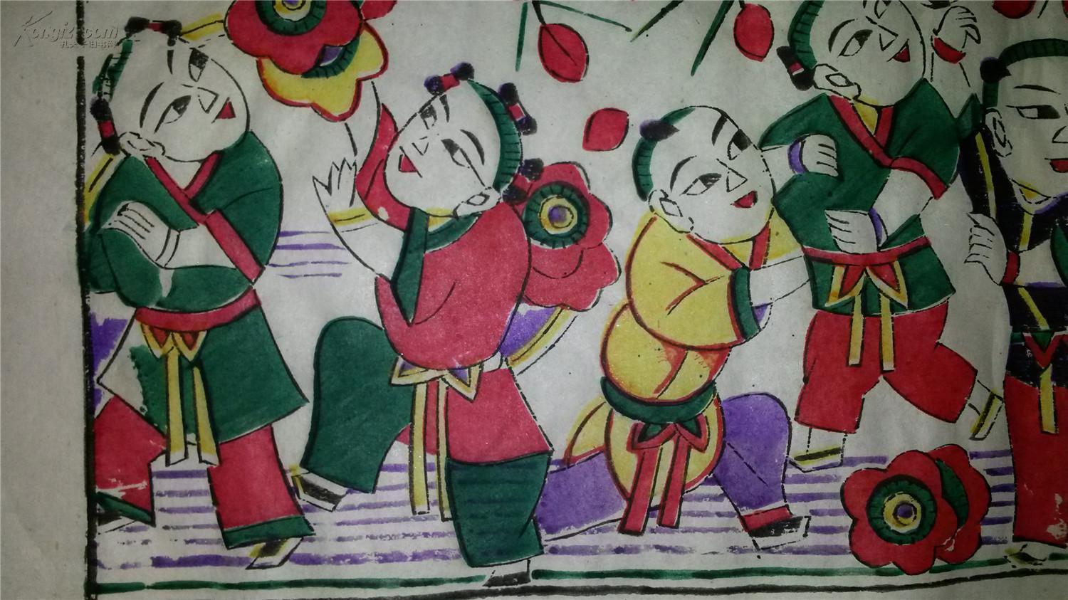 *改革版80年代印木刻木版年画版画*十子争梅欢度春节*民间风格浓郁