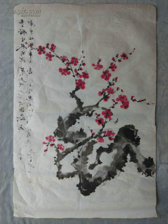 *fwpy00-漂亮的梅花老国画一幅《老梅生枝发新芽》,诗画全,有画家题款