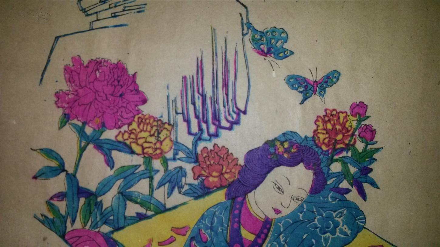 【图】清代版手抄纸木刻木版年画版画*红楼梦之湘云眠石*55*44cm,拍品