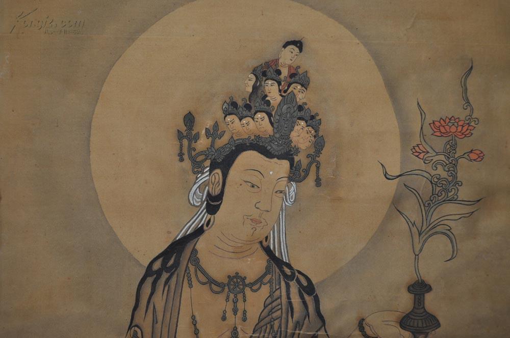 一幅画工绝对精美的工笔绢本古画【菩萨】立轴 蝇头小楷提拔 无款