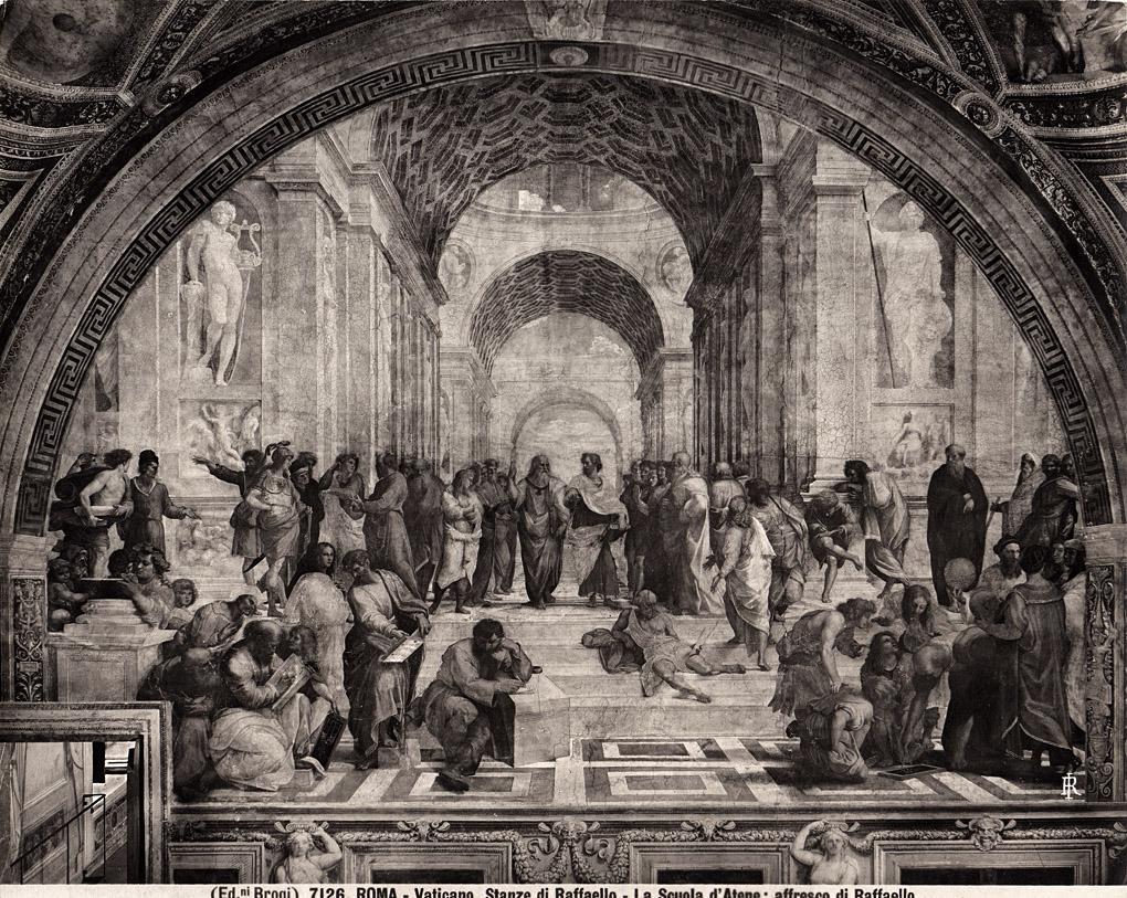 1895年银盐照片梵蒂冈拉斐尔房间壁画之签字厅东墙雅典学院贾柯莫布