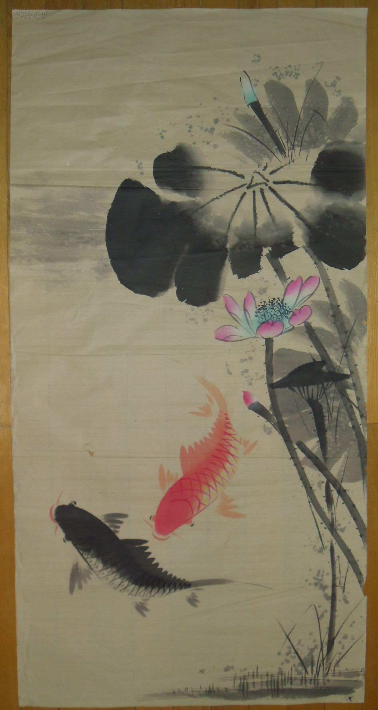 手绘真迹国画:无款荷花鲤鱼2 四尺全开