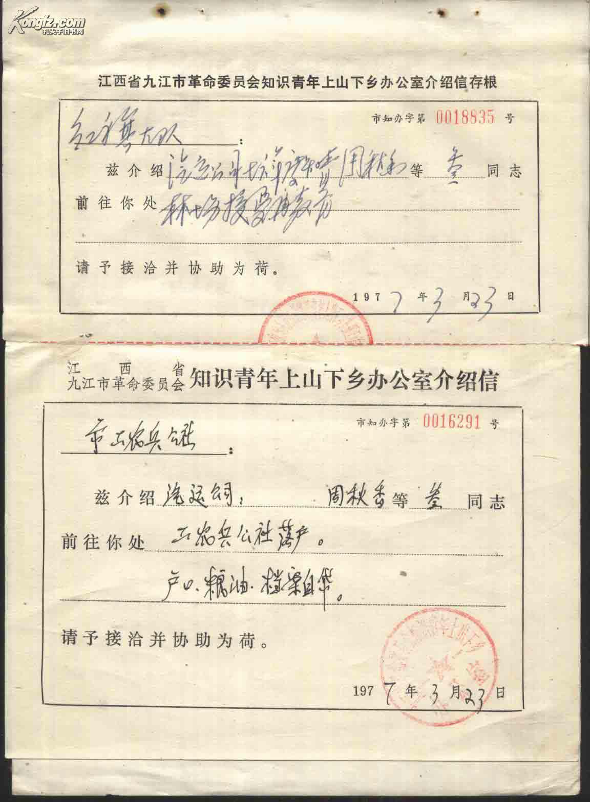 1977年九江市知识青年上山下乡办公室介绍信  档案转递通知单