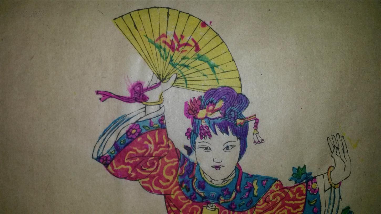 清代版木刻木版年画版画*红楼梦之宝钗扑蝶*55*44cm 拍品编号