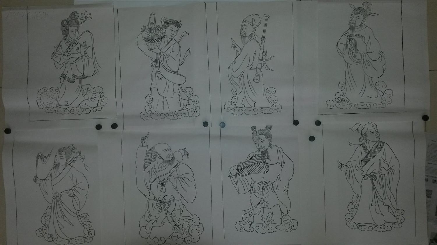 画店80年代存样线稿*木刻木版年画版画*八仙一套8张全*纸很厚