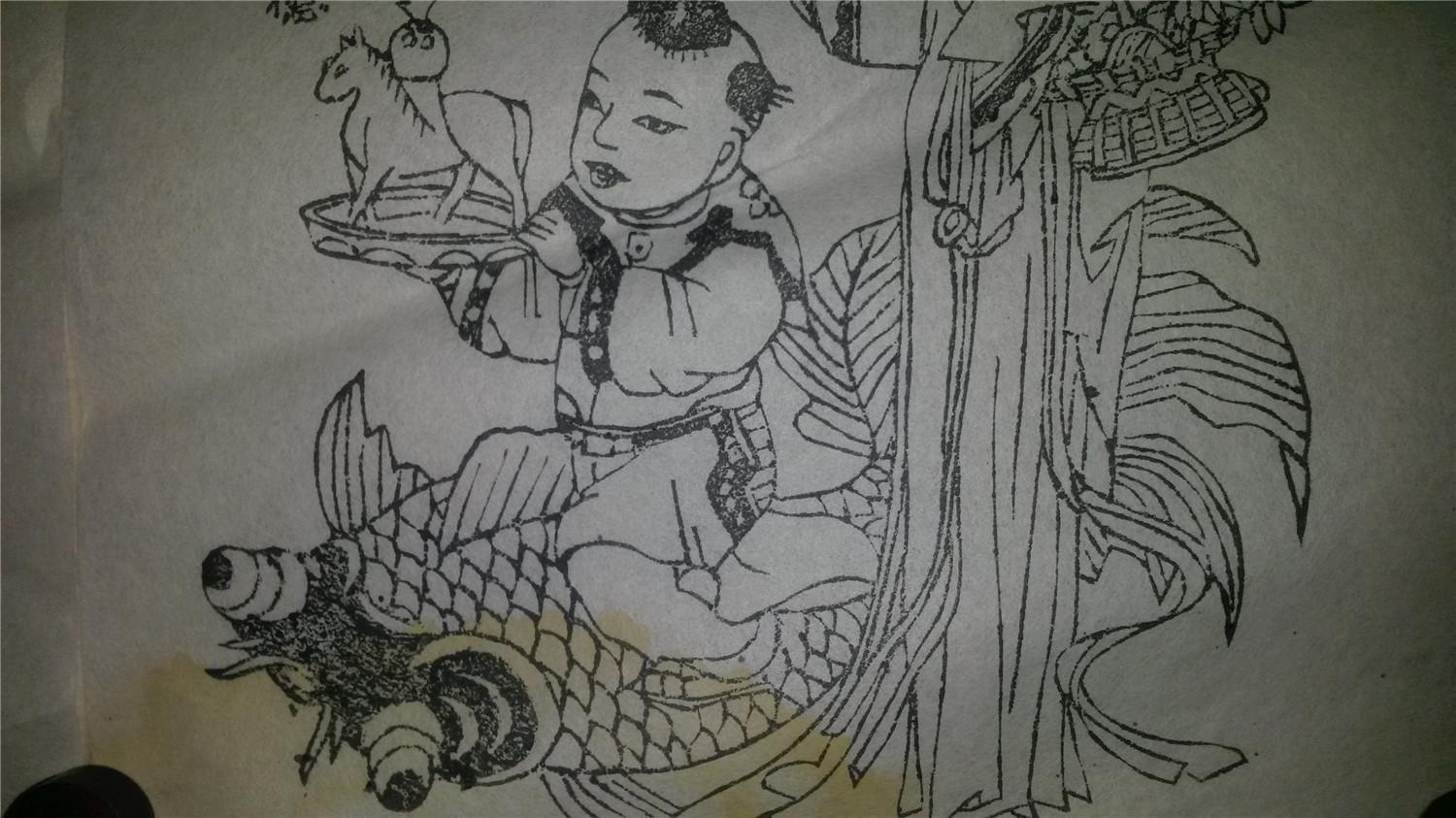 清代版80年代印杨家埠木刻木版年画版画*发福,生财一对线稿