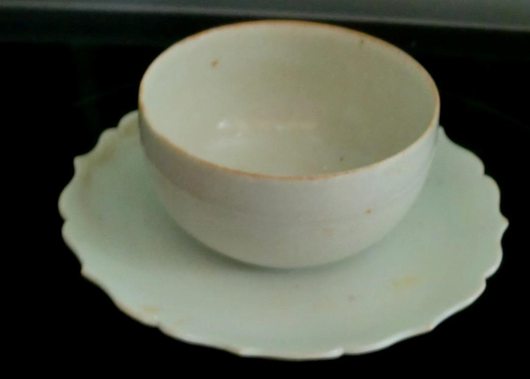 岀土包老 珍贵高古瓷 宋 湖田窑青白釉《多边角茶托茶盏一套》2件套