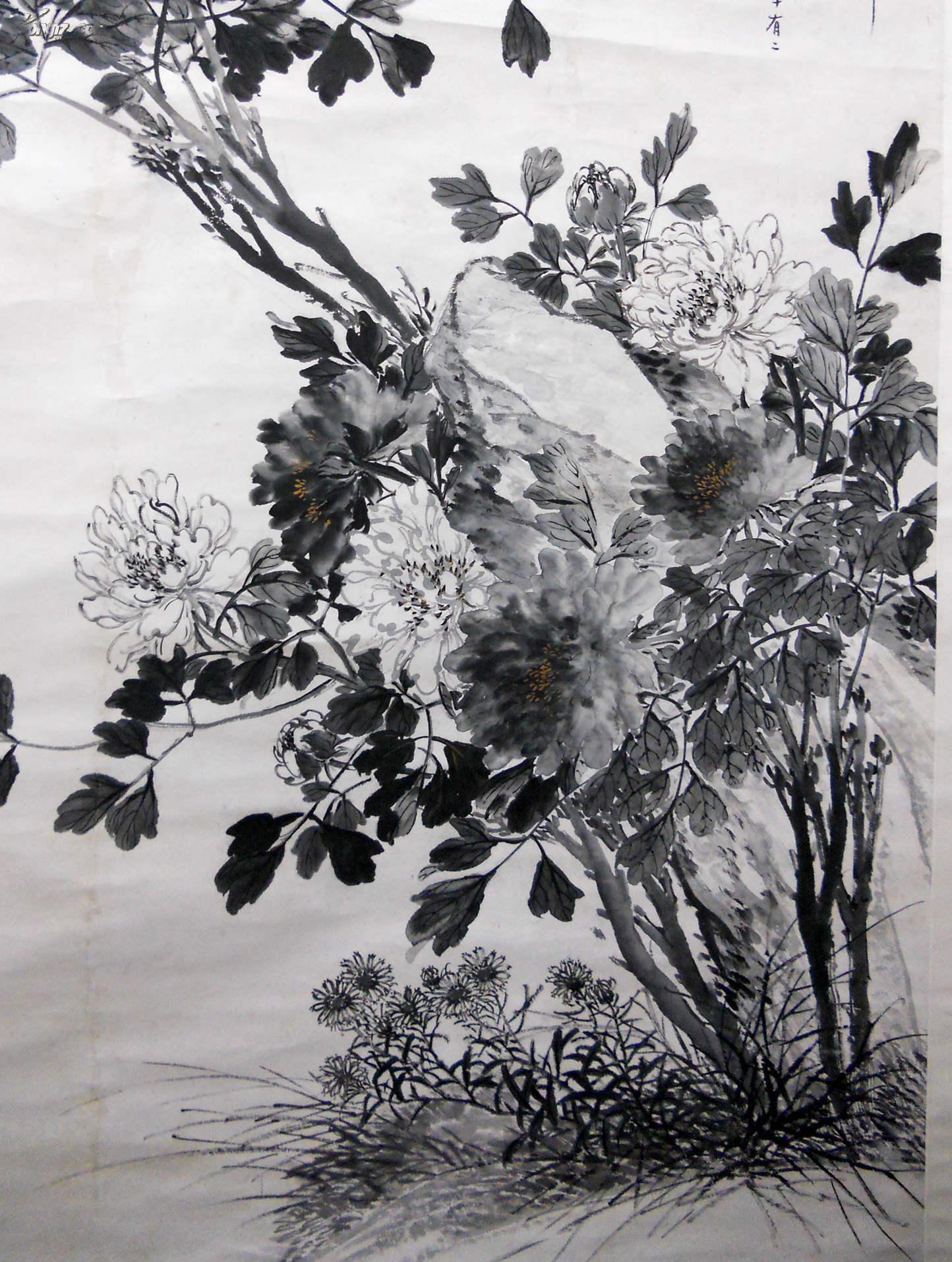 海上名家朱偁弟子,清代王荃牡丹大中堂立轴精品.包老包真.