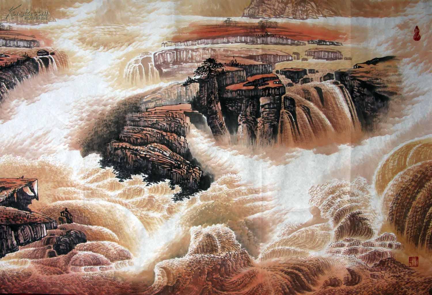 大海先生国画小八尺山水《黄河西来决昆仑,咆吼万里触龙门.