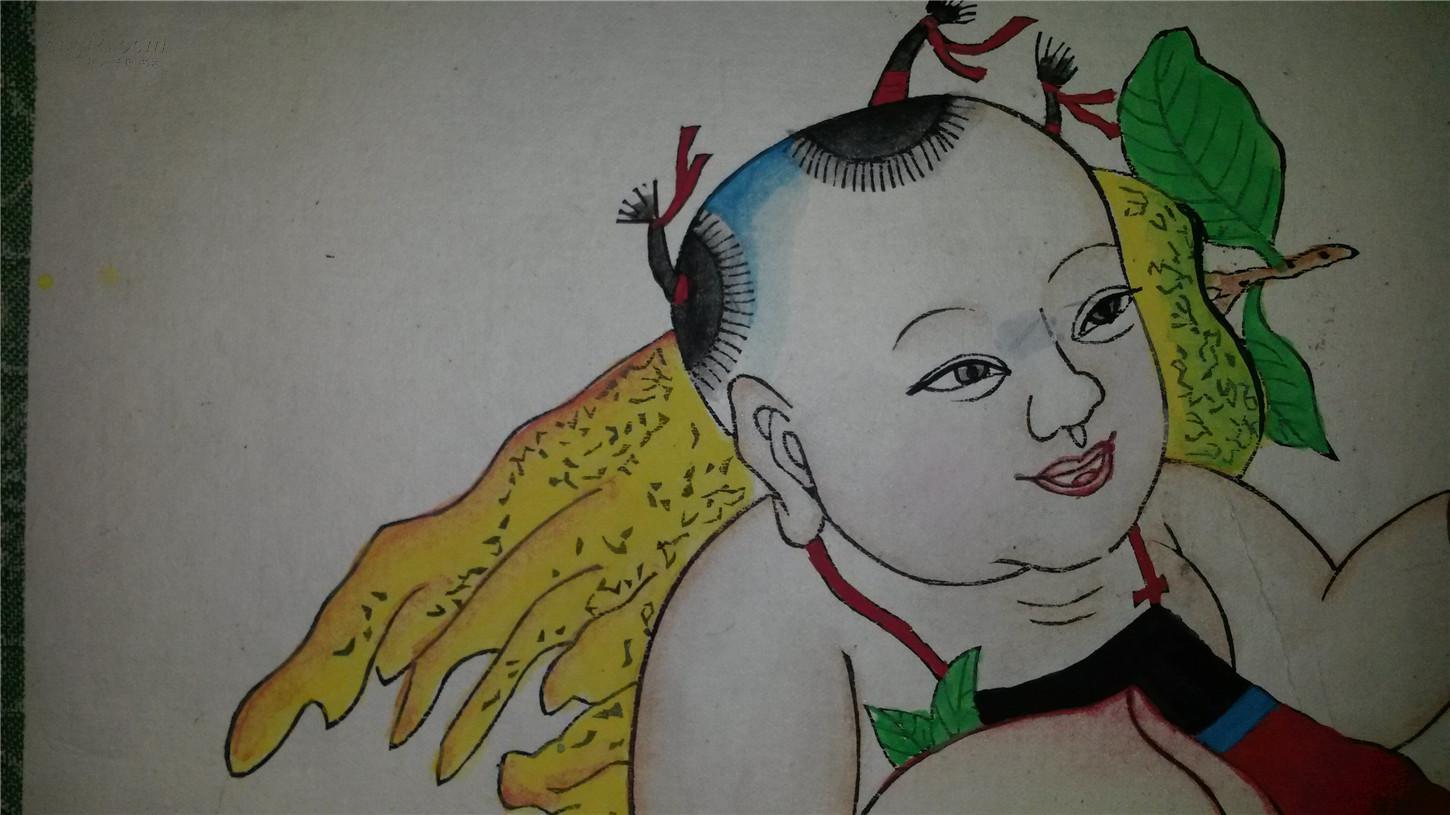 六七十年代杨柳青半印半绘木版年画版画*福寿绵长*已托裱