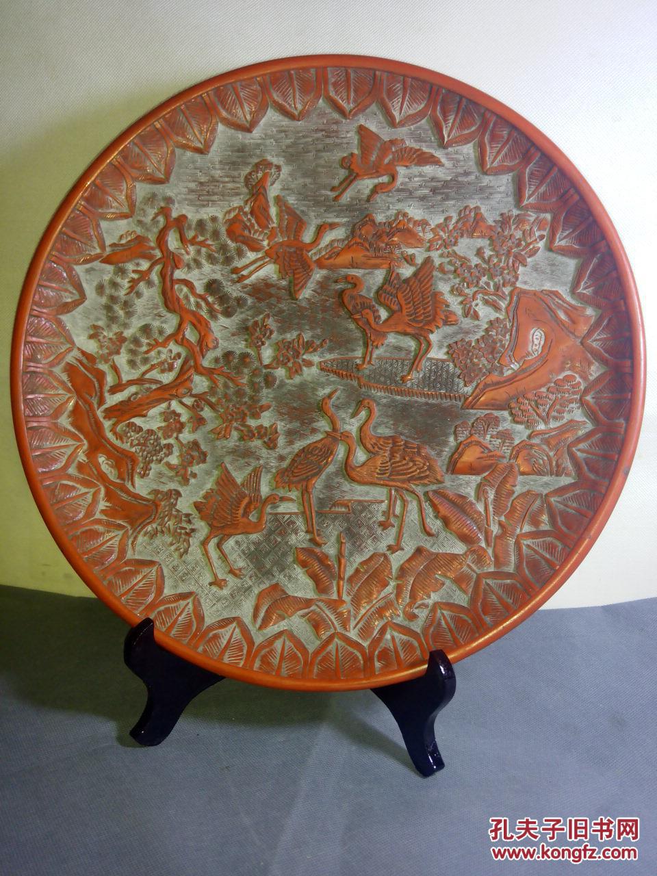 清代 漆器大红盘子雕刻松鹤 拍品编号:18684489